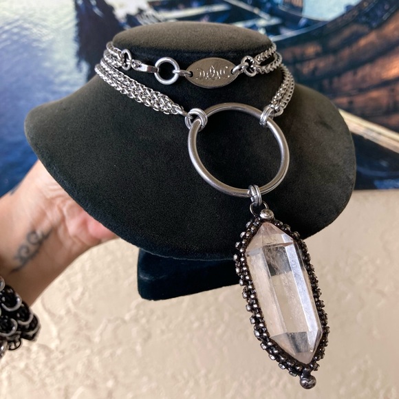 Double chain big Natural Crystal quartz black electroplated boho goth necklace - Picture 6 of 15